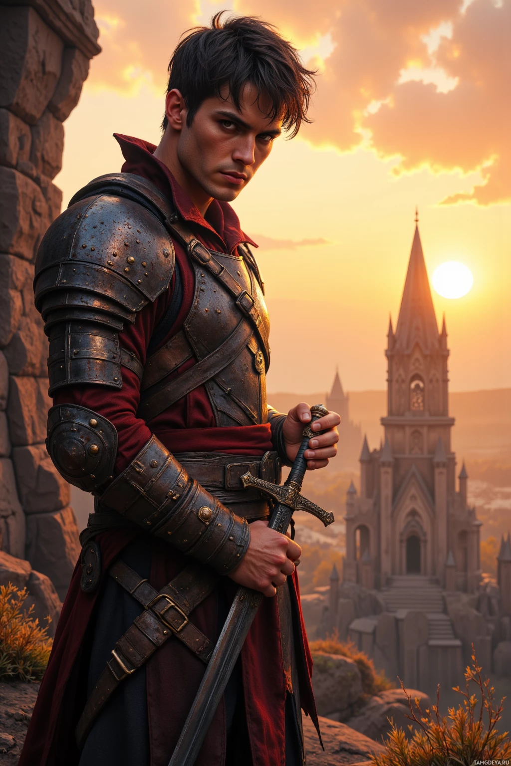 A knight in armor stands with a sword, set against a castle and sunset backdrop.