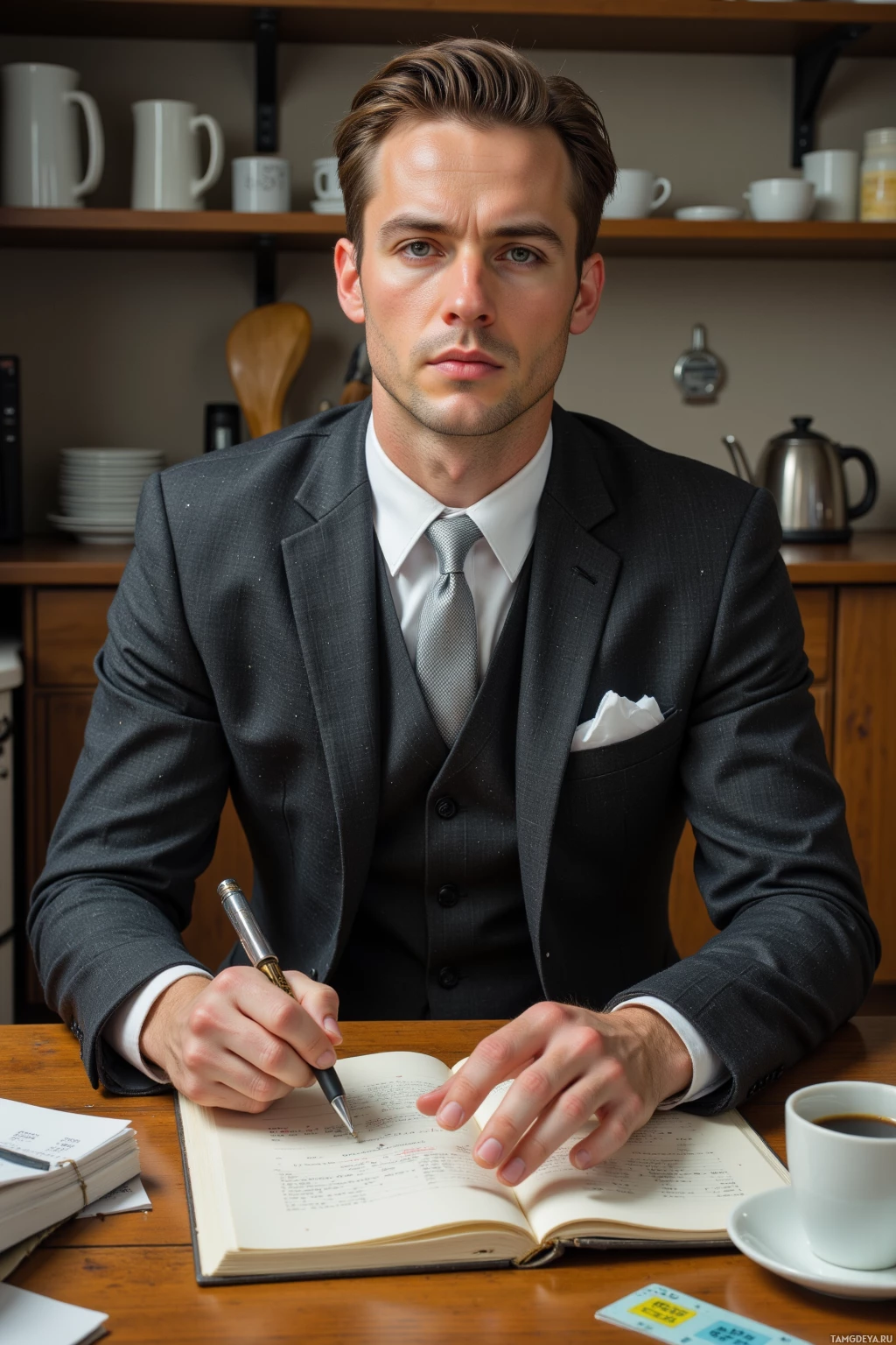 A man in a suit is sitting at a desk, writing in a notebook.