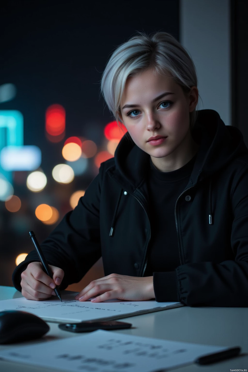 A person in a black hoodie is writing in a notebook with a pen, set against a blurred cityscape at night.