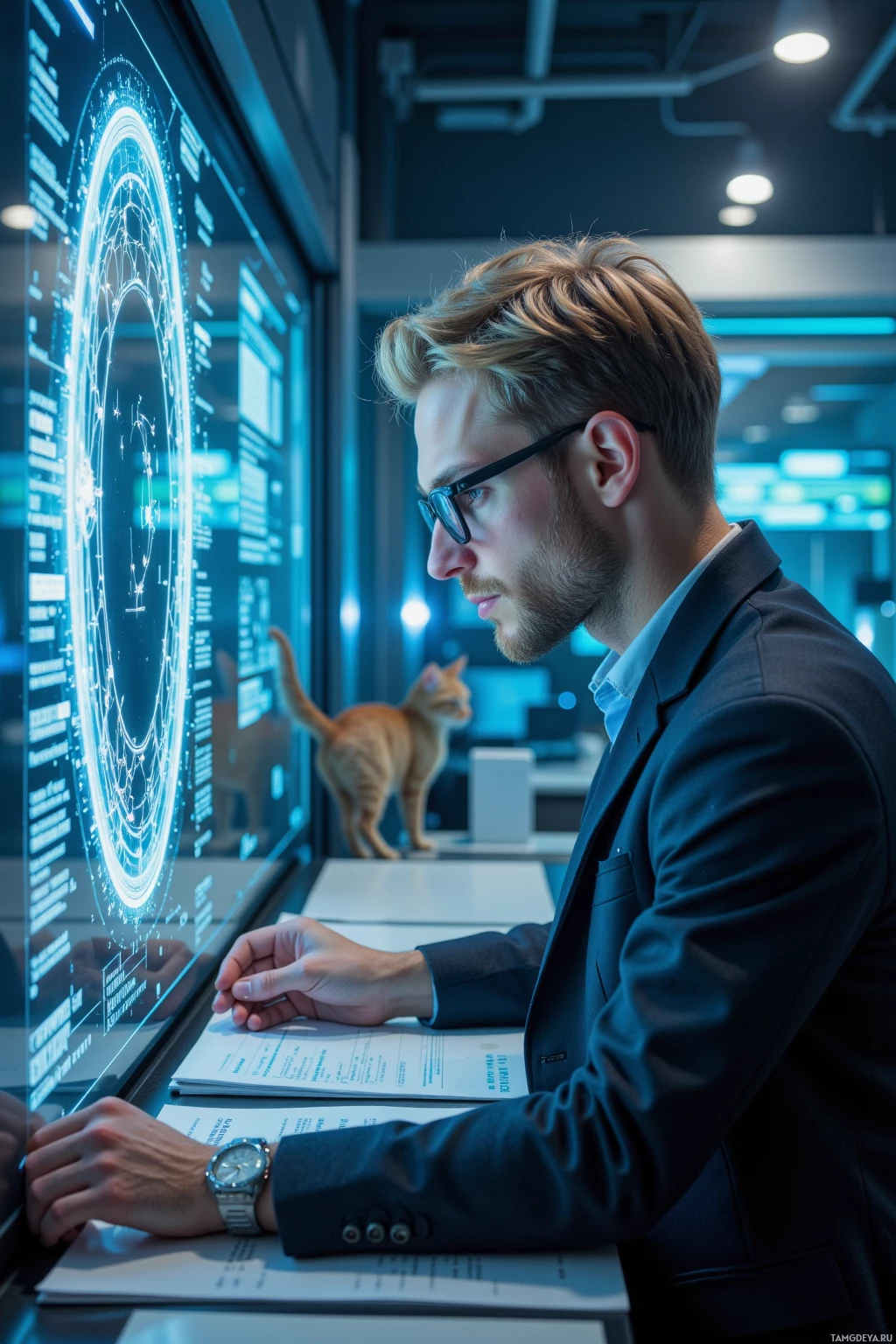 A man in a suit is working at a futuristic computer interface with a cat nearby.