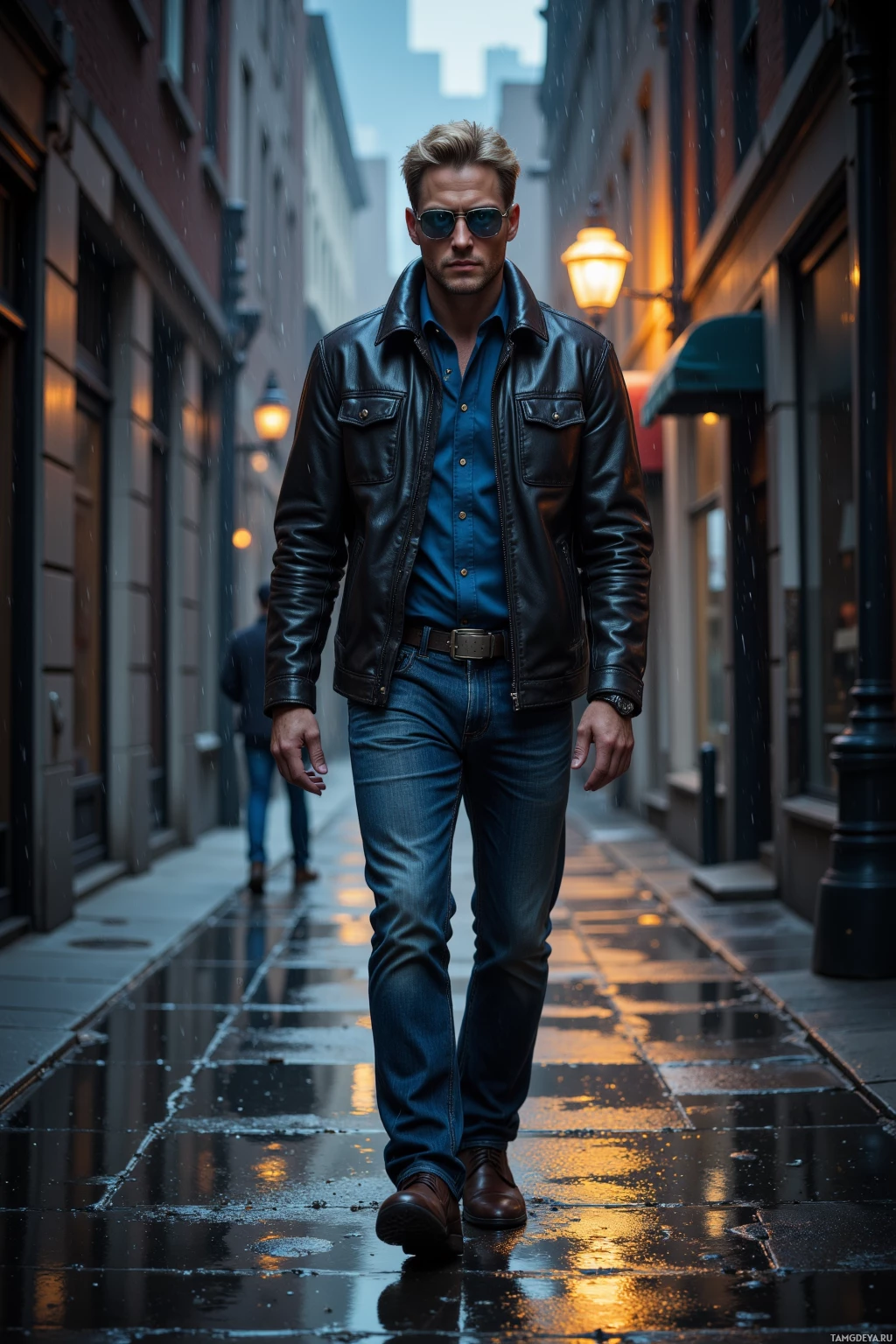 A man in a leather jacket and sunglasses walks down a wet alleyway at dusk.