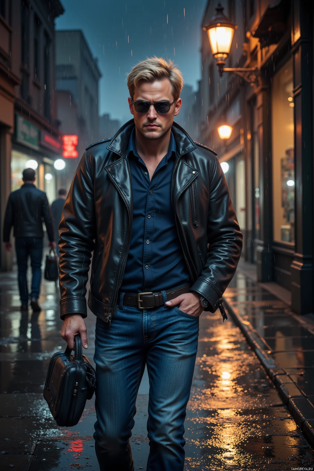 A man in a leather jacket and sunglasses walks down a rainy street at night.
