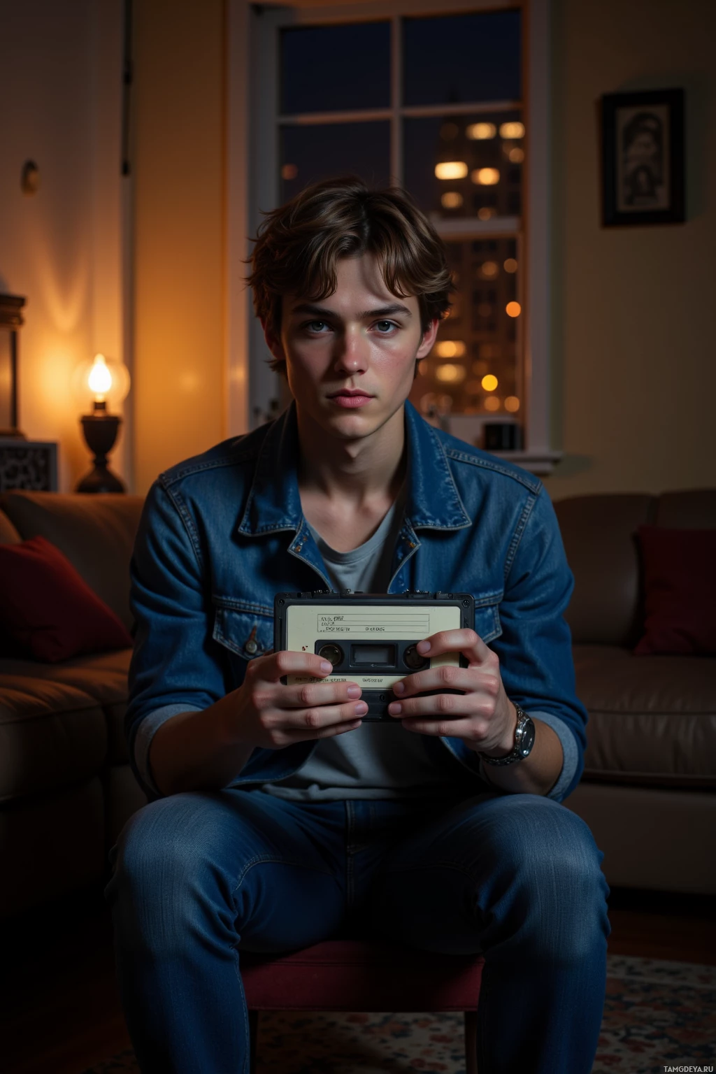 A young person sits indoors holding a cassette tape.