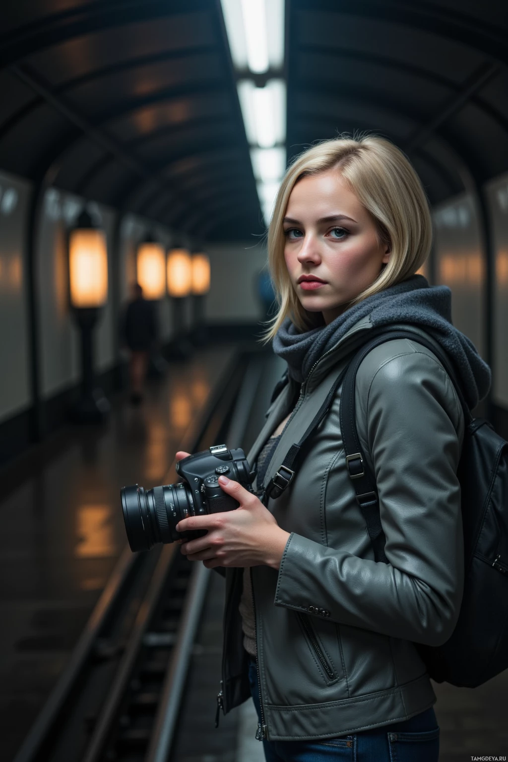 A woman stands in a subway station holding a camera.