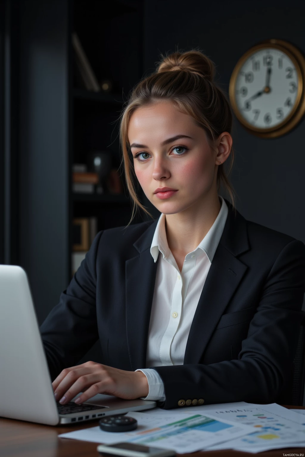 A woman in a professional setting, working at a desk with a laptop and documents.