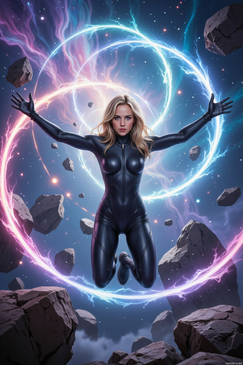 A woman in a futuristic suit floats amidst space debris with glowing energy rings surrounding her.