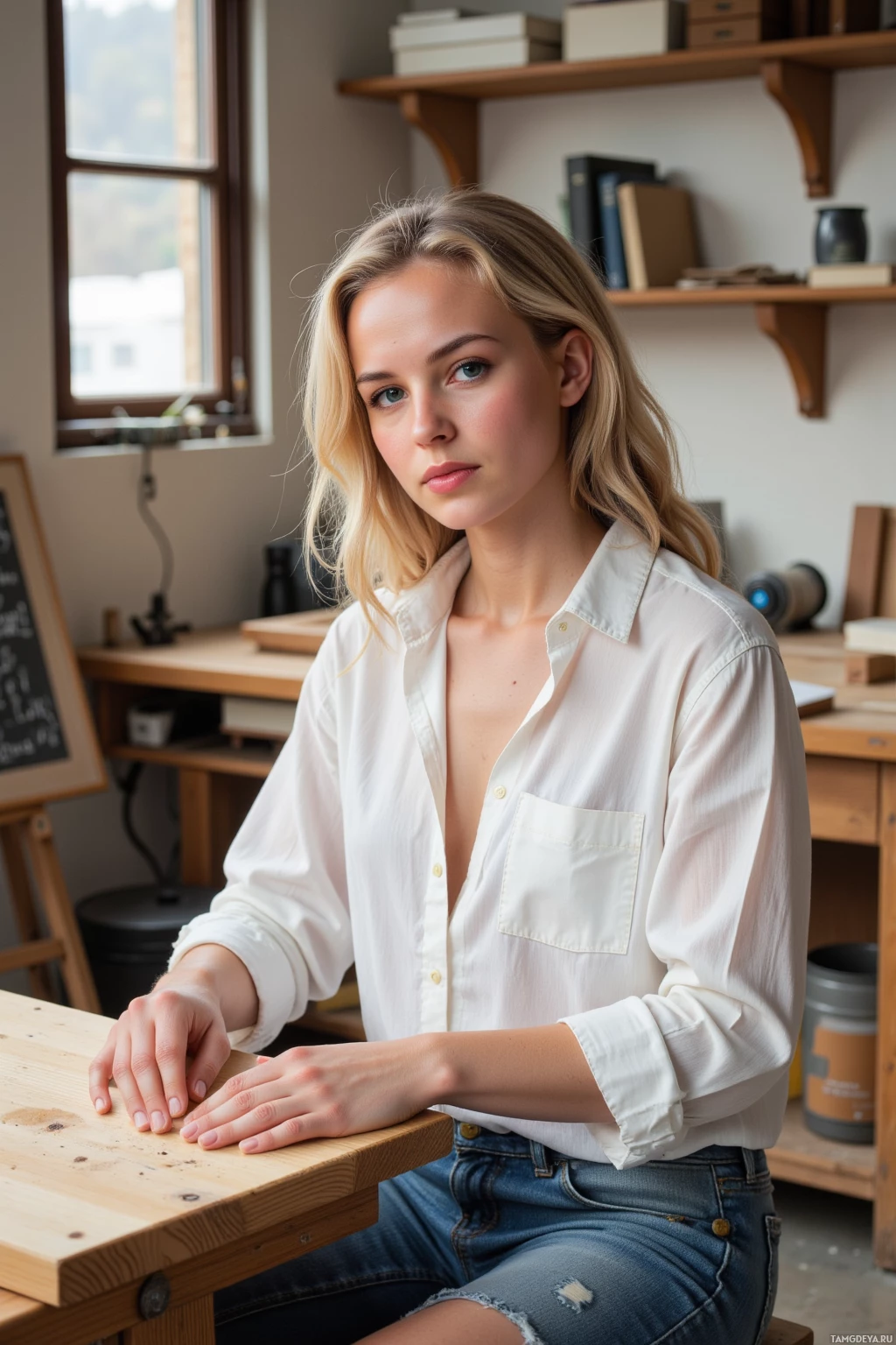 A person in a white shirt and jeans sits at a wooden desk in a room with shelves and a window.