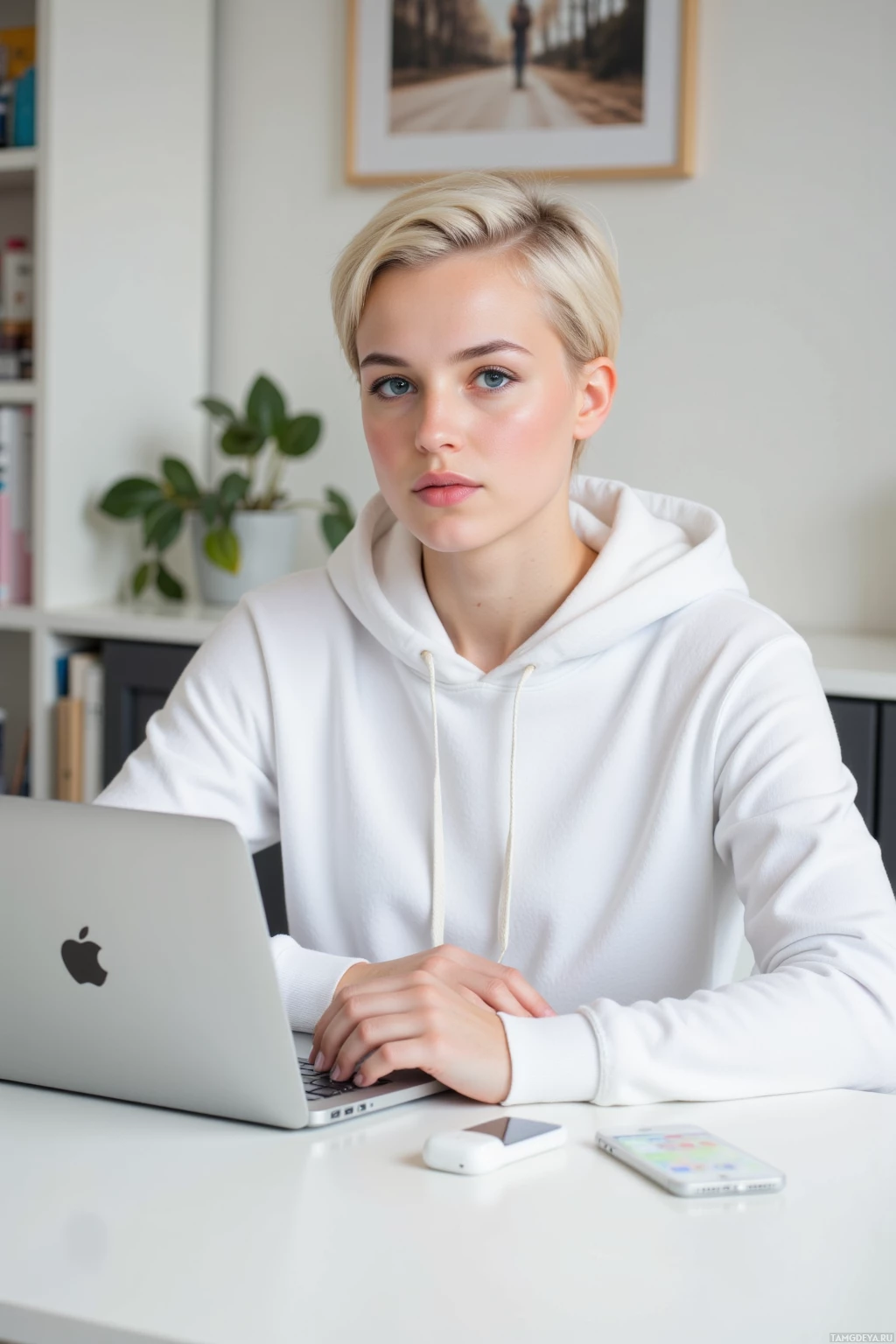 A person in a white hoodie sits at a desk with a laptop and a smartphone.