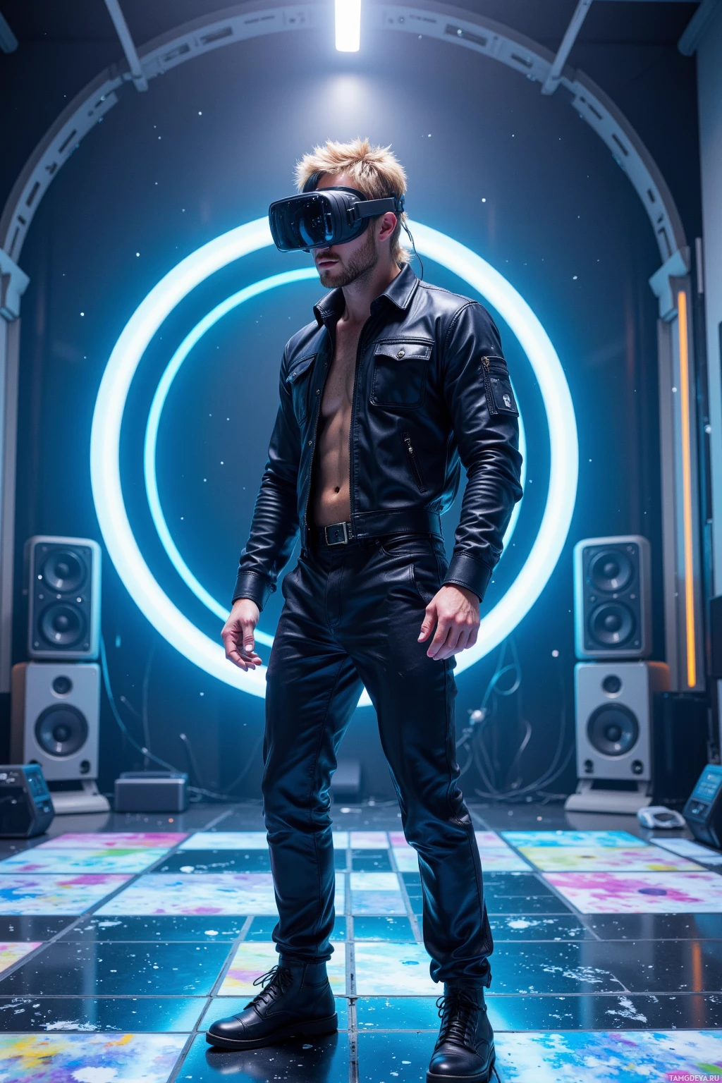A person wearing a leather jacket and VR headset stands in a futuristic, illuminated setting.