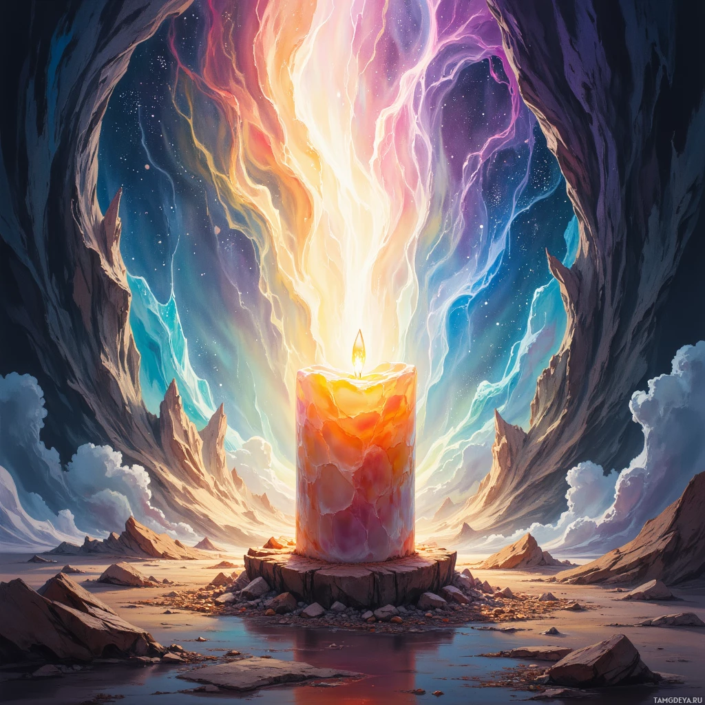 A glowing candle in a rocky landscape with a cosmic sky.