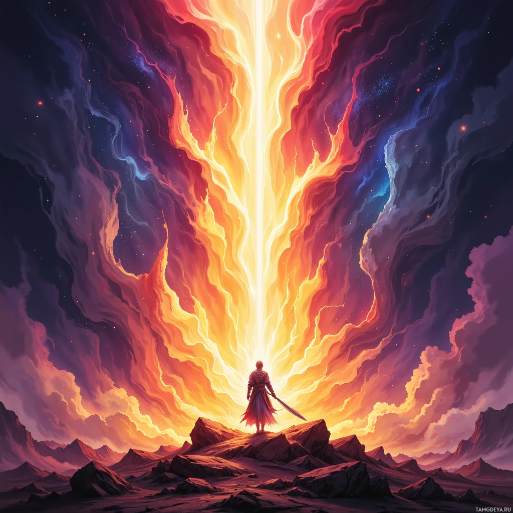 A lone figure stands atop rocky terrain, gazing at a radiant, fiery portal in the sky.