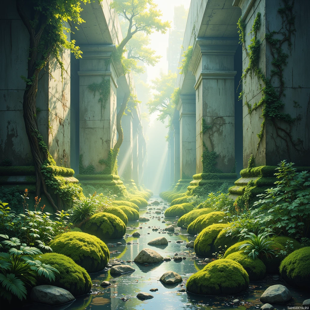 A serene pathway lined with moss-covered stones and ancient columns, bathed in soft sunlight.