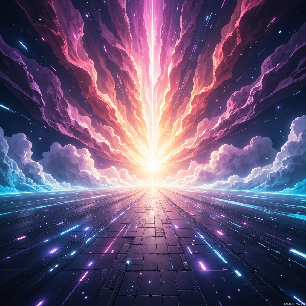 A vibrant cosmic scene with a glowing horizon and a starry sky.