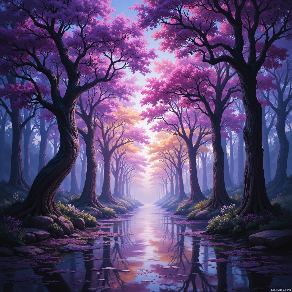 A serene forest scene with tall trees and a reflective stream under a soft, pastel sky.