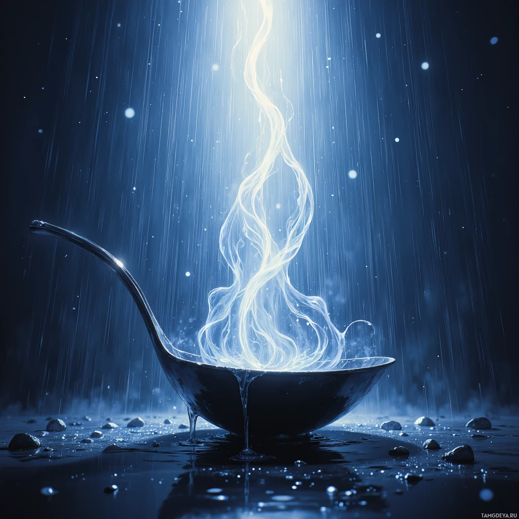 A spoon with glowing, ethereal light emanating from its bowl, set against a dark, rainy background.