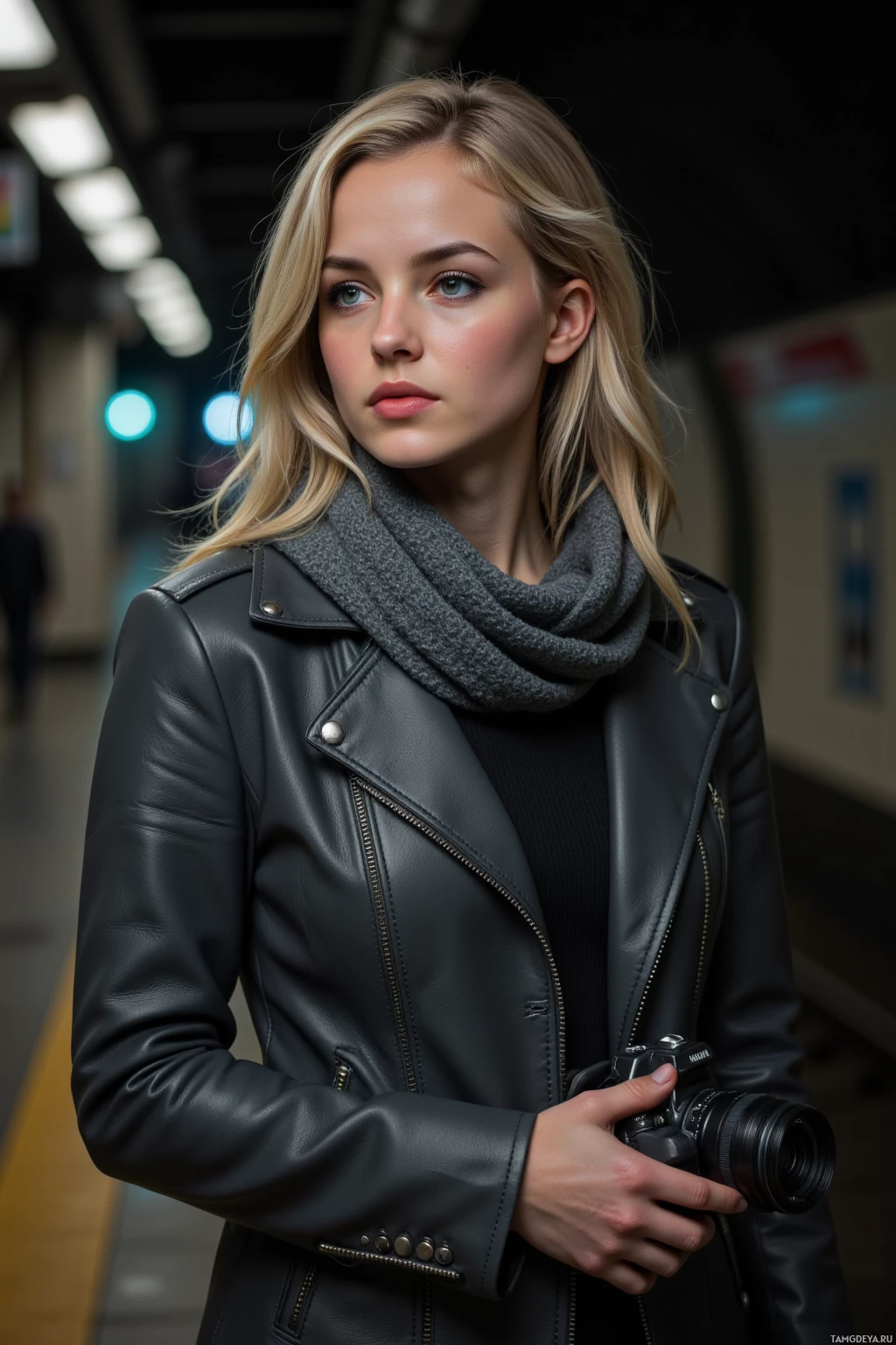 A woman in a black leather jacket and scarf holds a camera in a subway station.