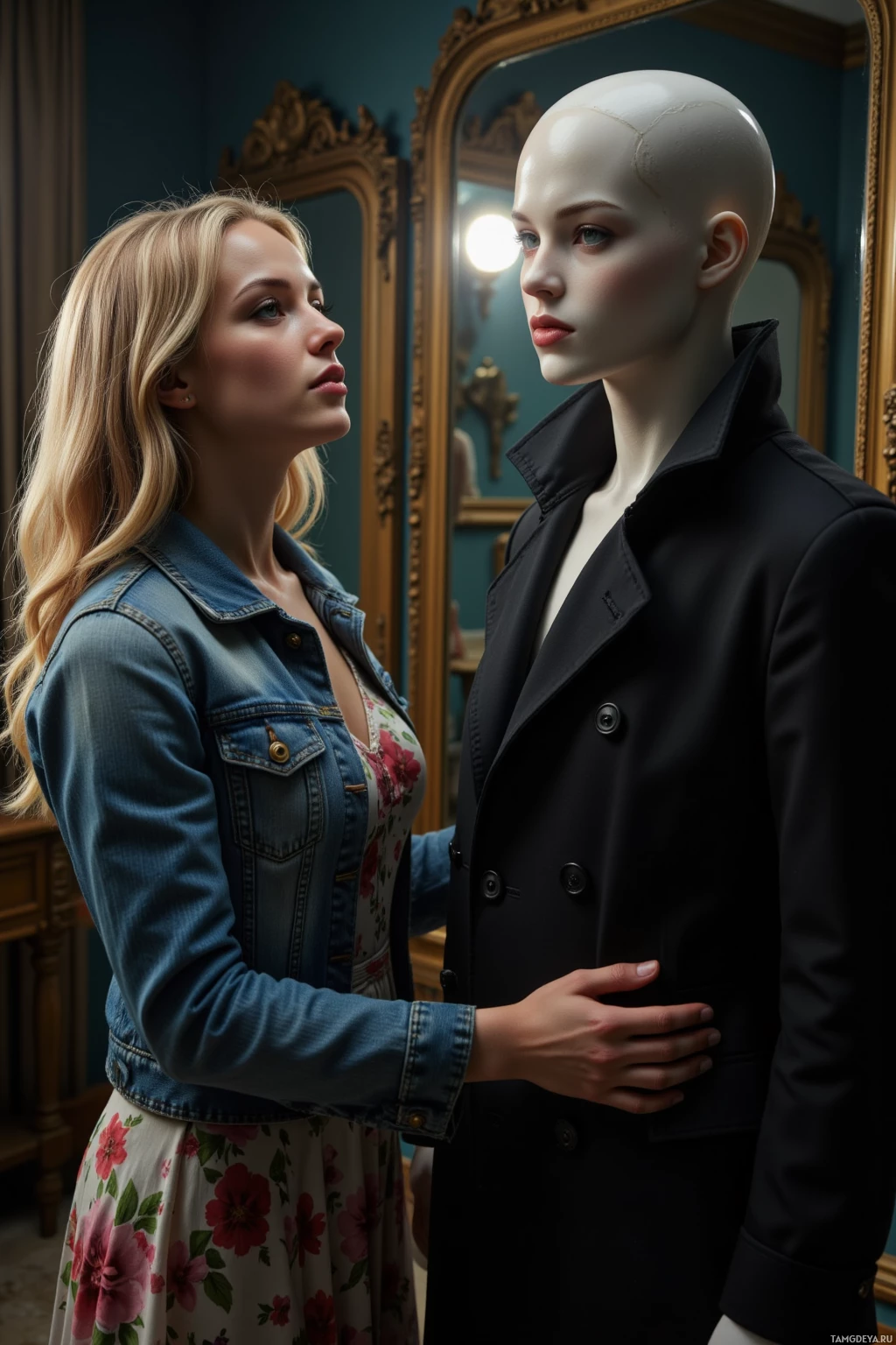A woman in a denim jacket and floral dress stands beside a mannequin in a room with ornate mirrors.