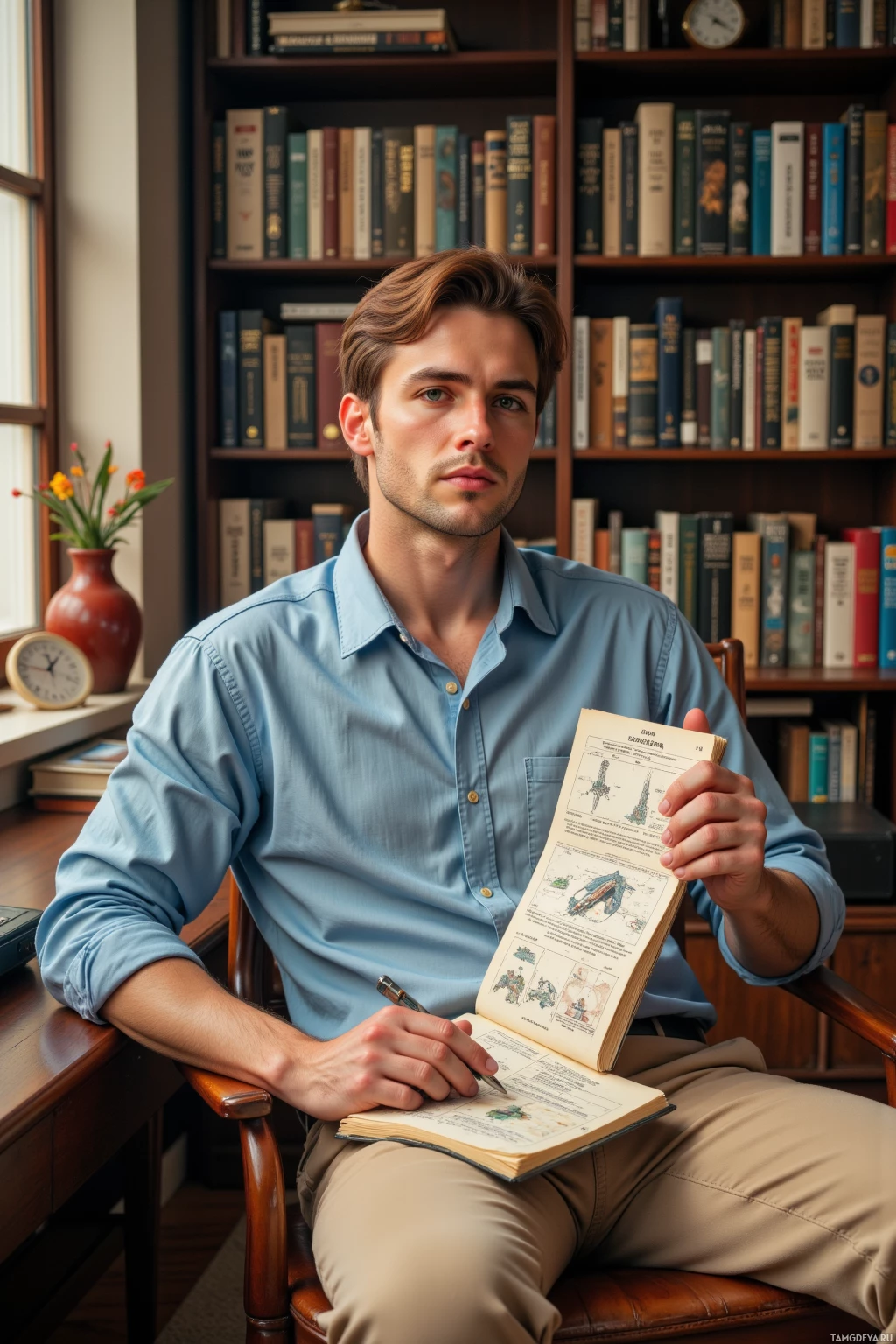 A man in a blue shirt sits in a chair, holding an open book and a pen, with a bookshelf full of books in the background.