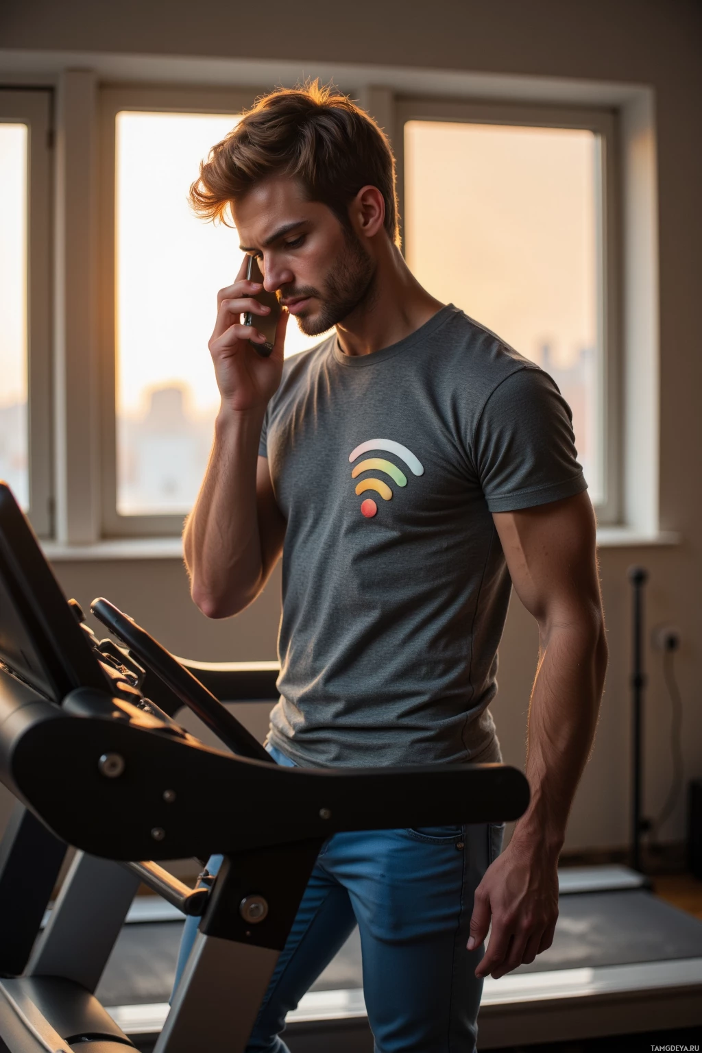 A man is walking on a treadmill while talking on a phone.