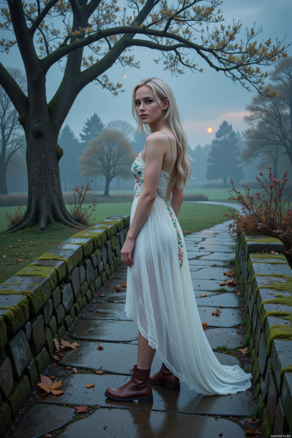 A woman in a white floral dress stands on a stone path in a misty park.