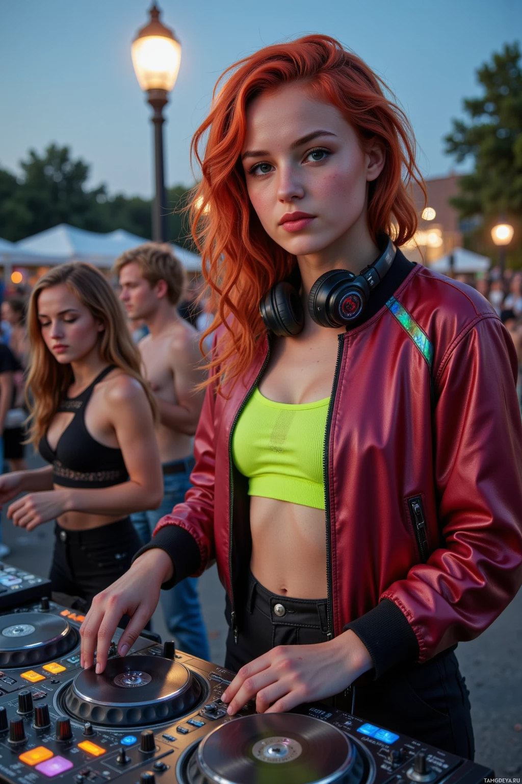 A person with red hair wearing a red jacket and headphones stands at a DJ console.
