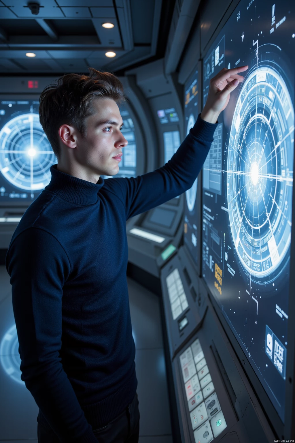 A person interacts with a futuristic control panel in a dimly lit environment.