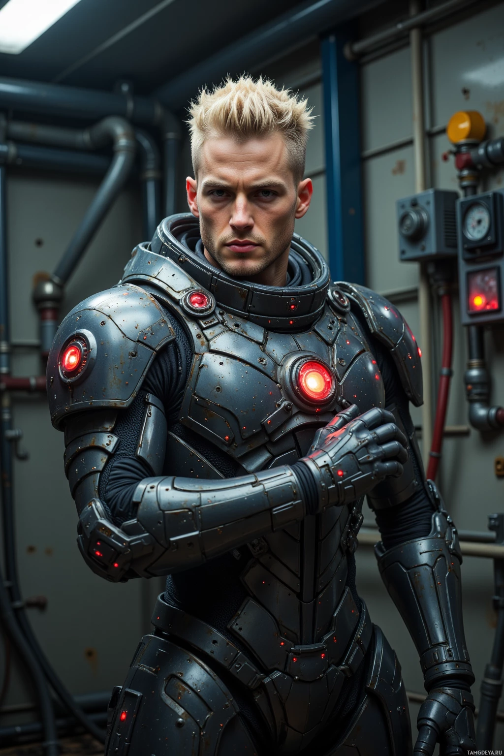 A person in futuristic, armored suit with glowing red lights stands in a mechanical environment.