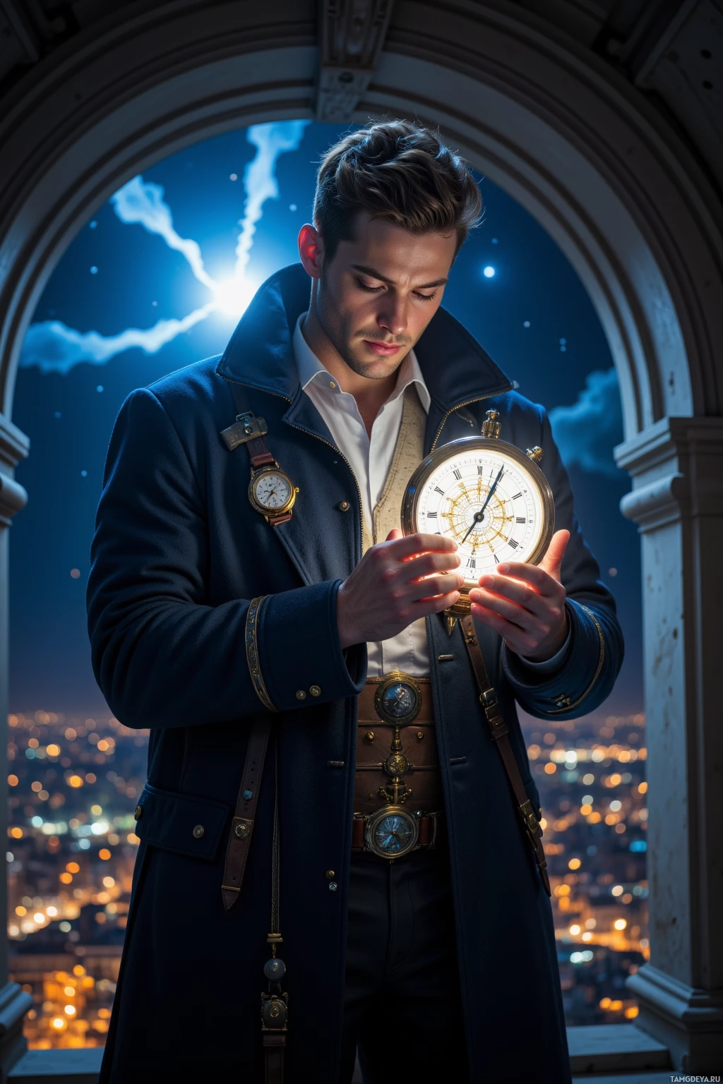 A man in a dark coat stands in front of a window, holding a large pocket watch.