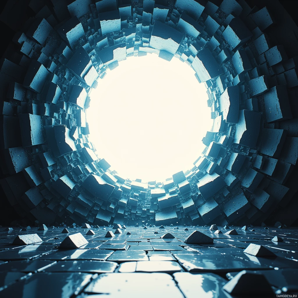 A tunnel-like structure composed of fragmented, geometric shapes leading to a bright light at the end.