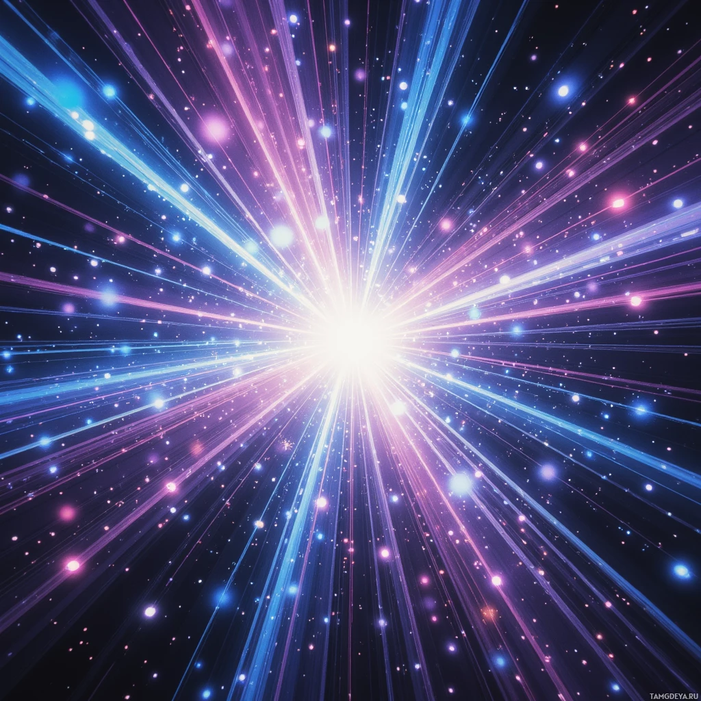 A vibrant cosmic scene with radiant beams and scattered stars.