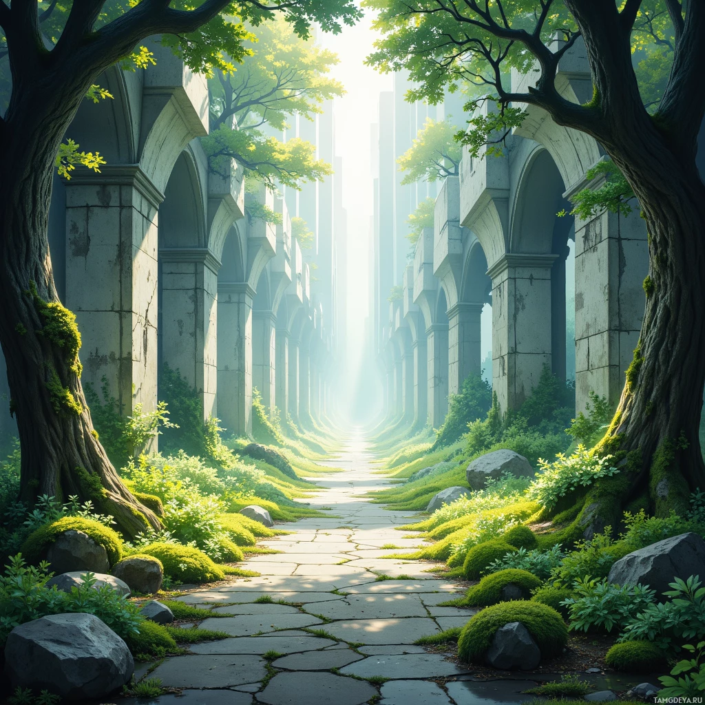 A serene pathway lined with ancient arches and lush greenery.
