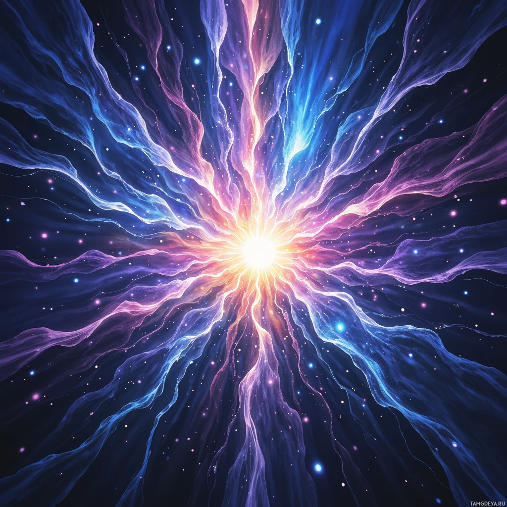 A vibrant cosmic explosion with radiant beams and glowing particles.