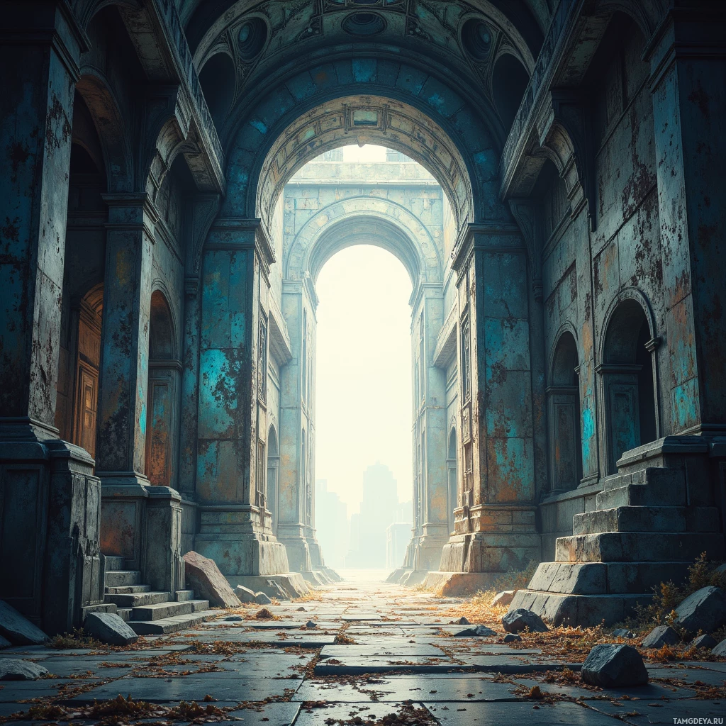 A dilapidated, sunlit archway with weathered stone and overgrown vegetation.