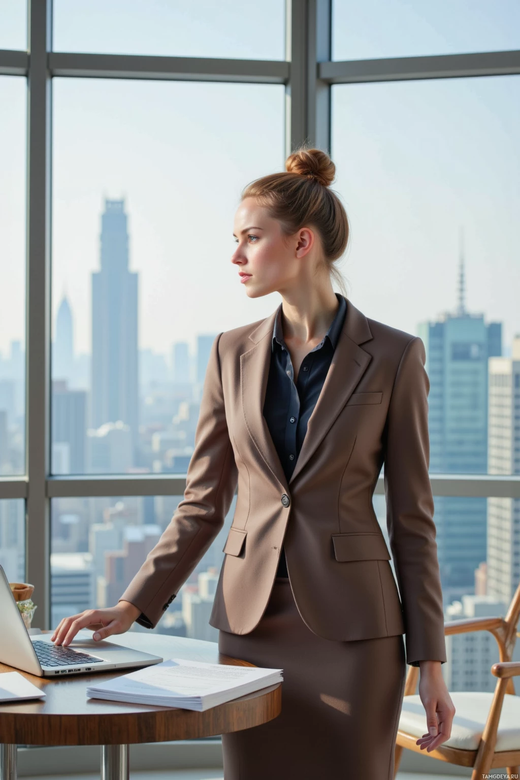 A professional woman in a business suit stands at a desk with a laptop and papers, overlooking a cityscape.