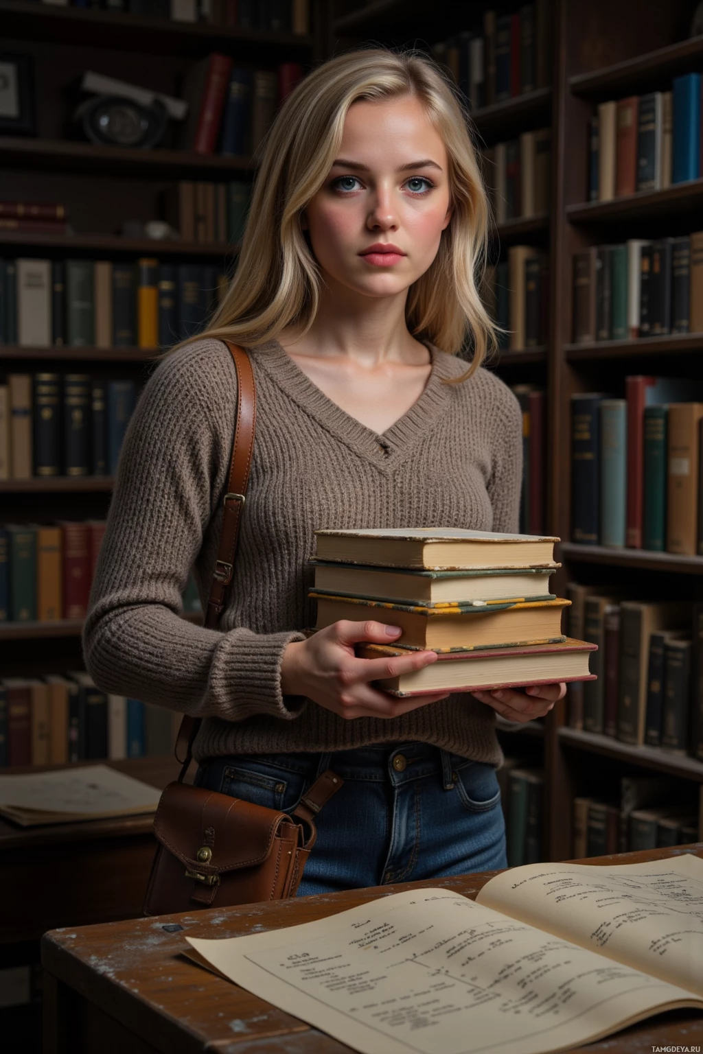 A young woman stands in a library holding a stack of books.