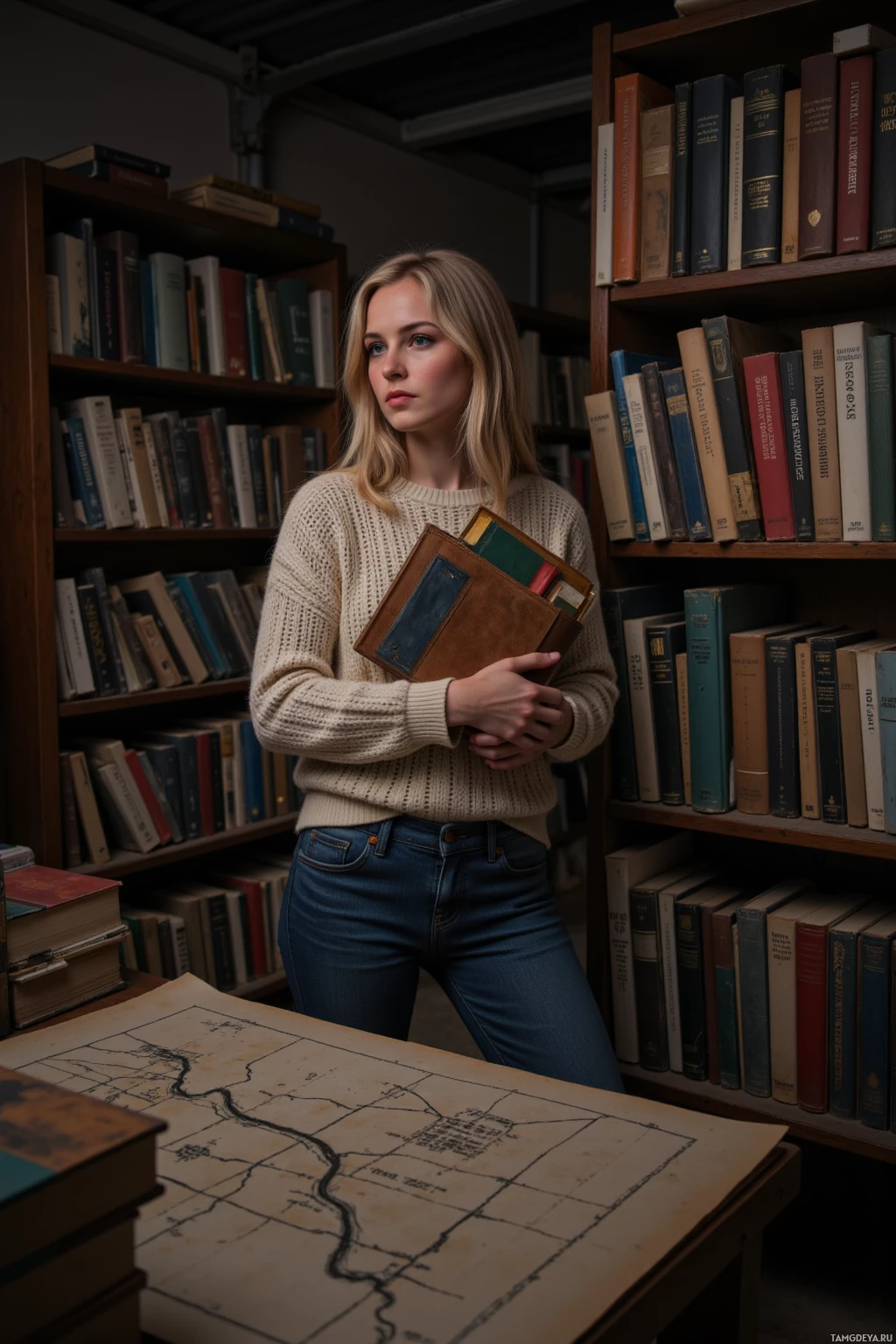 A person stands in a library holding books, with a map on a table in front of them.