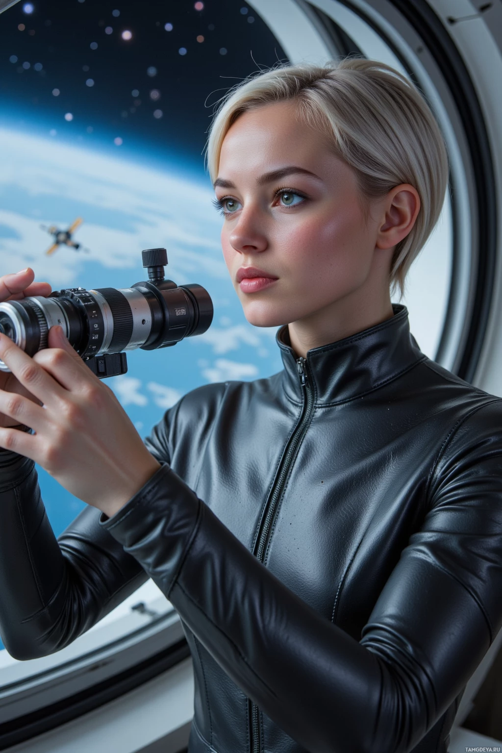 A person in a black leather jacket holding a camera, looking out of a window with a view of space and Earth.