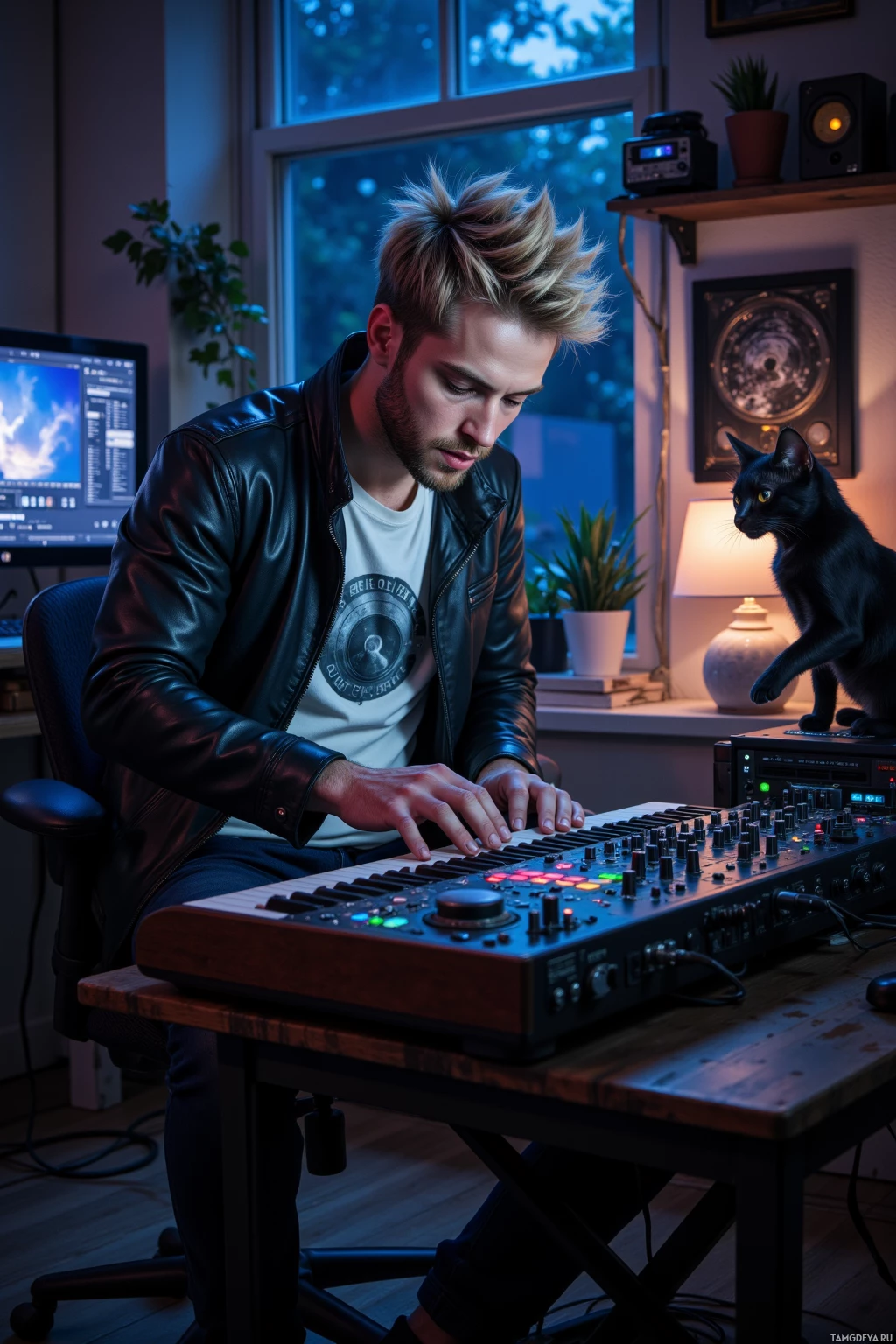A person in a leather jacket plays a synthesizer in a cozy room with a cat nearby.