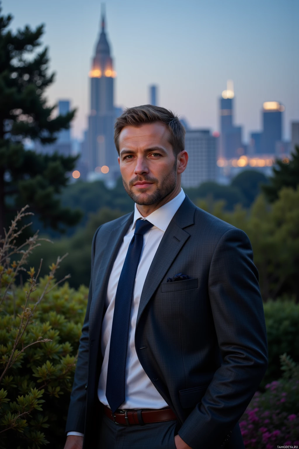 A man in a suit stands in front of a city skyline at dusk.