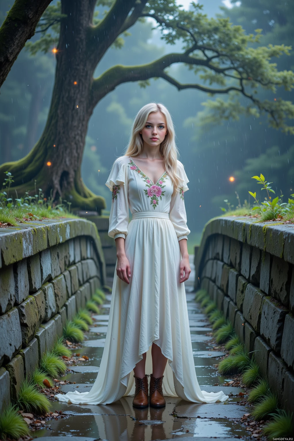 A woman in a white dress stands on a stone bridge in a rainy, lush forest setting.