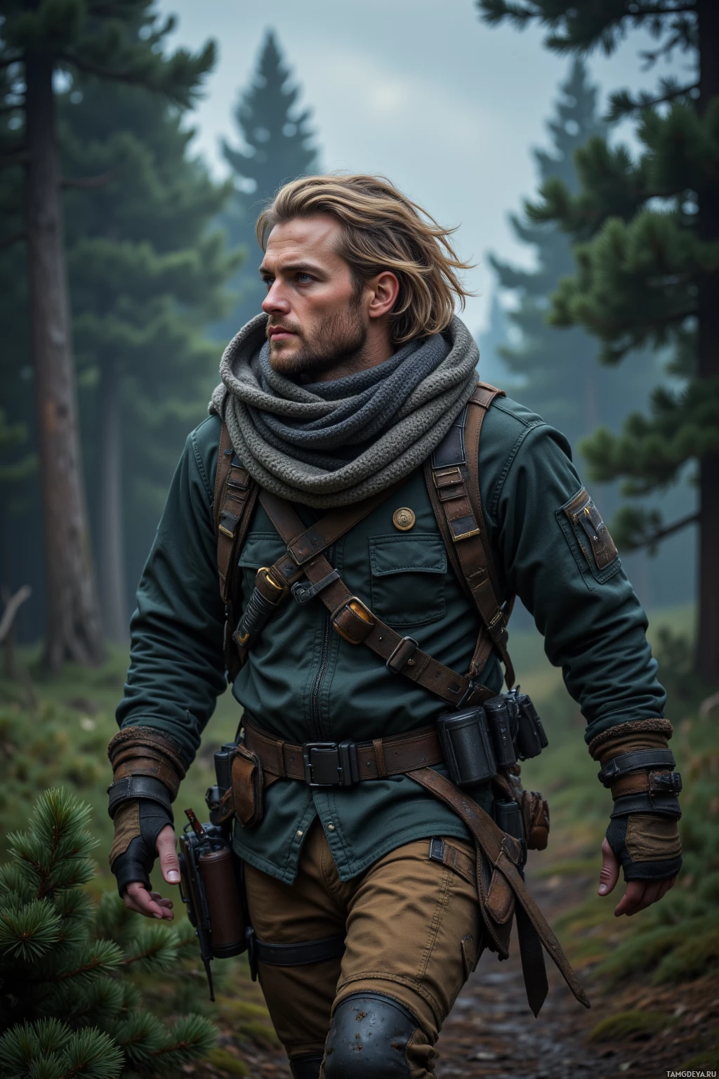 A man in a forested area wearing a green jacket, brown pants, and a scarf, equipped with a backpack and various gear.