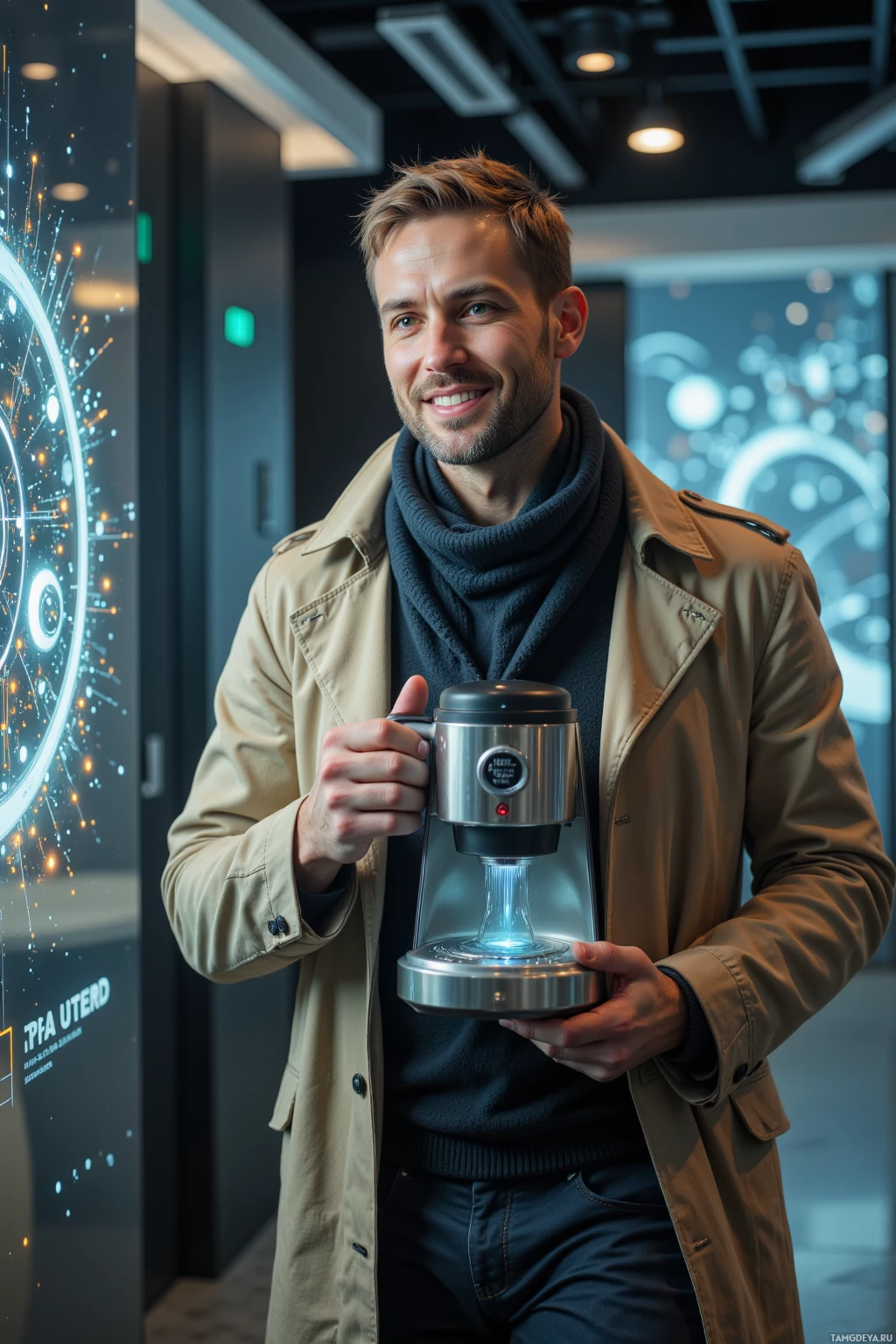 A man in a trench coat holds a futuristic device with a glowing light.