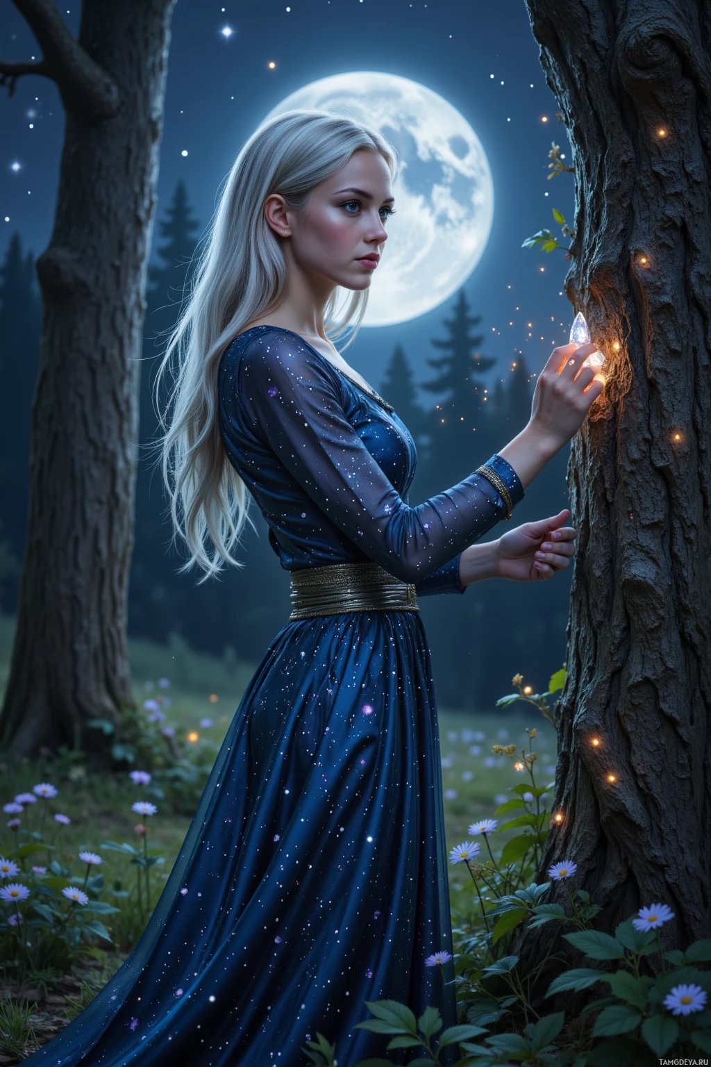 A woman in a starry dress stands in a moonlit forest, holding a glowing object near a tree.