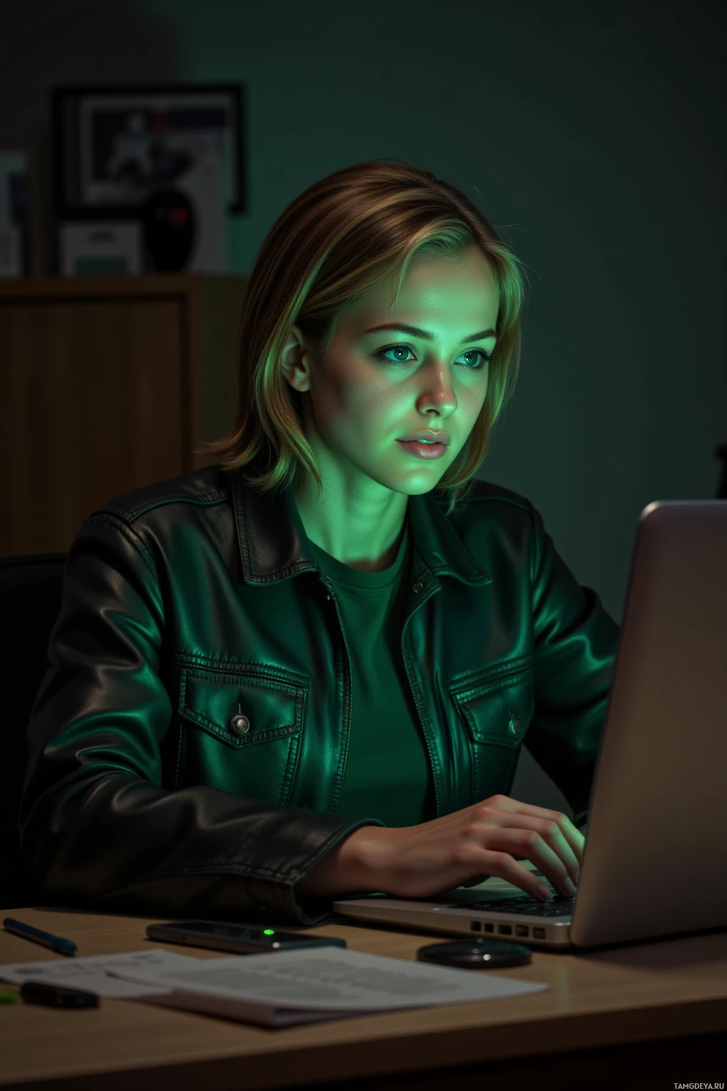 A person in a leather jacket works on a laptop in a dimly lit room.
