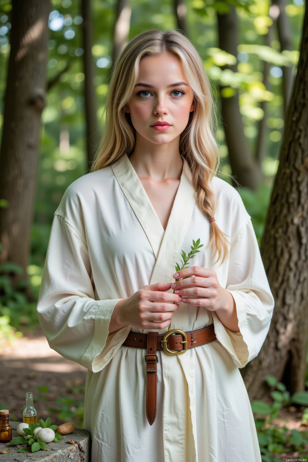 A woman in a white robe stands in a forest, holding a small plant.