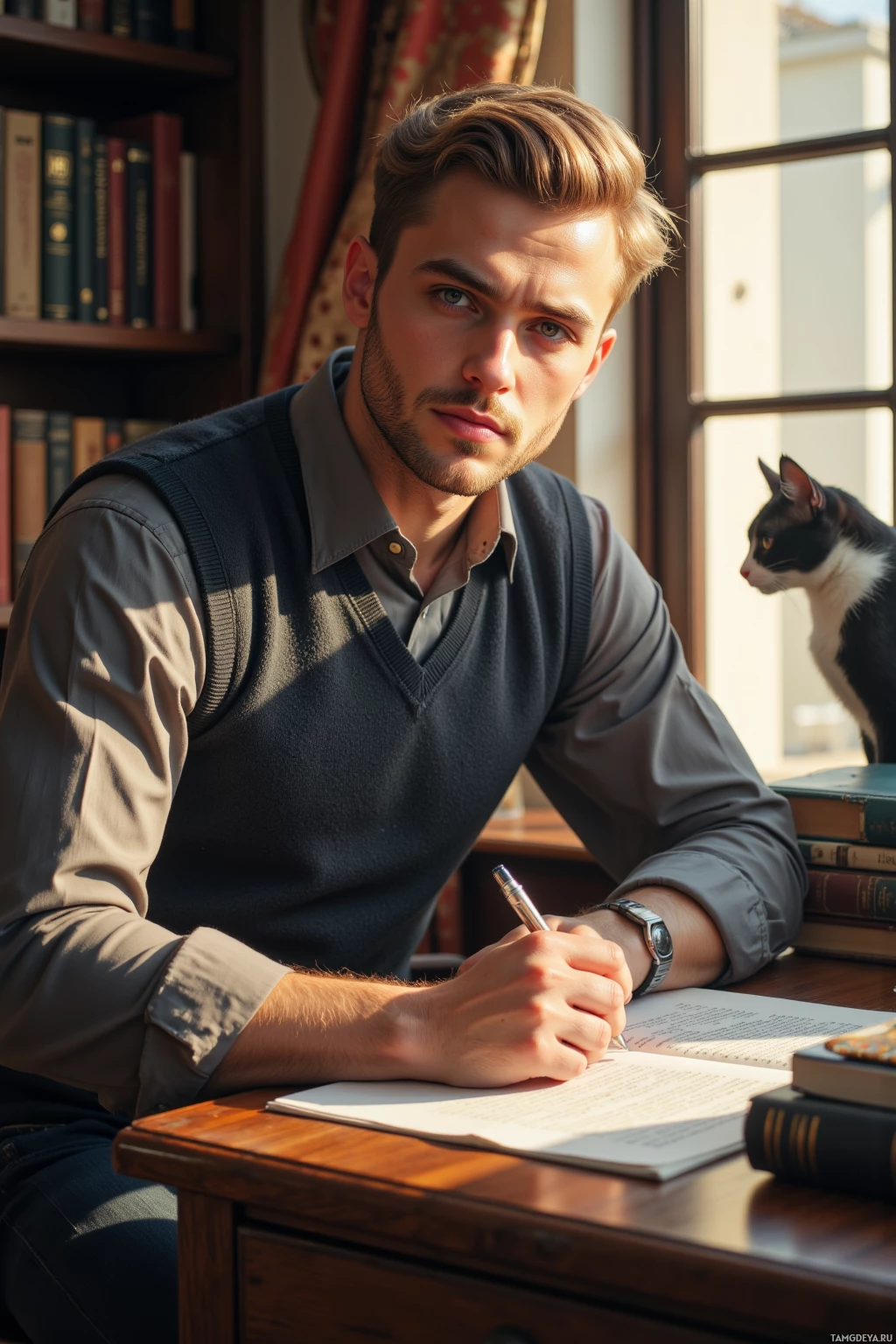 A man sits at a desk, writing in a notebook with a pen, surrounded by books and a cat in the background.
