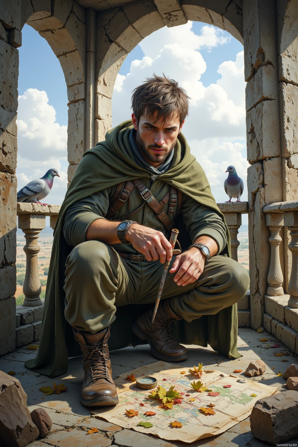 A man in a green cloak kneels on a stone balcony, holding a compass, with pigeons and autumn leaves around him.