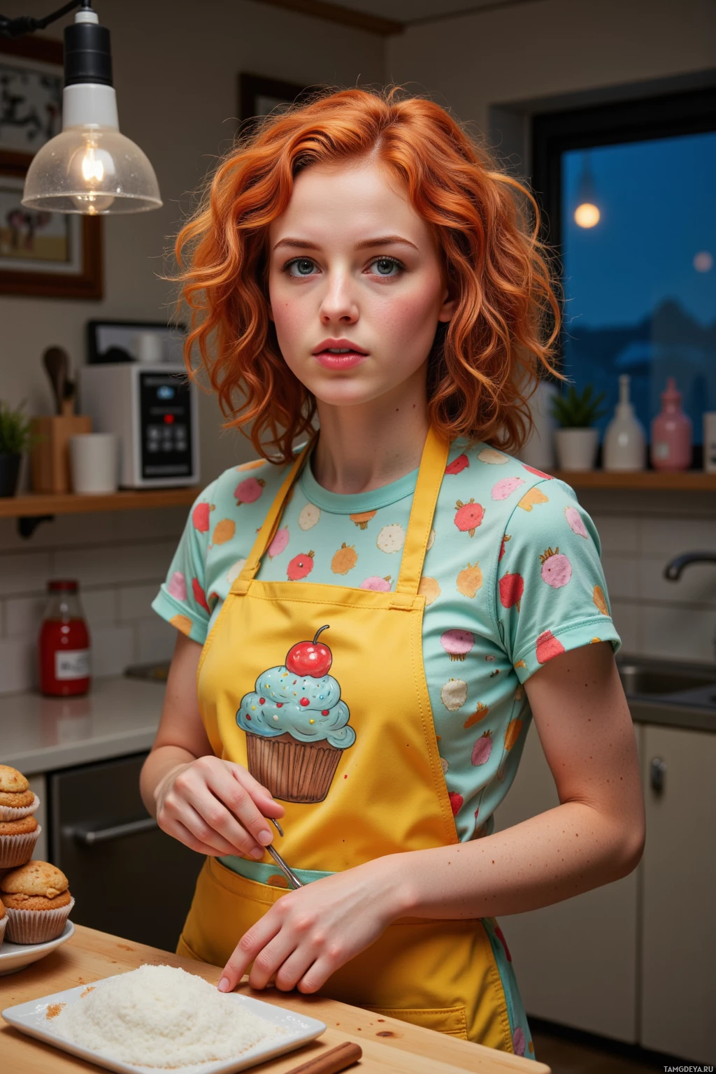 A person wearing a colorful apron with a cupcake design stands in a kitchen.