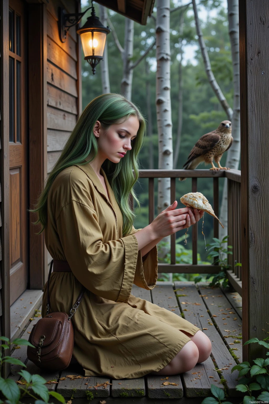 A woman with green hair sits on a wooden porch, holding a bird in her hands.