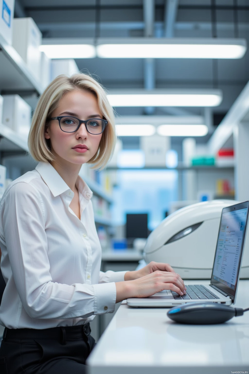 A woman in a white shirt works at a desk in a modern office setting.